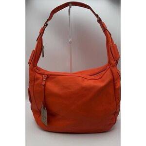 Lauren Ralph Lauren Orange Pebbled Leather Shoulder Bag Hobo Purse Zip Pockets